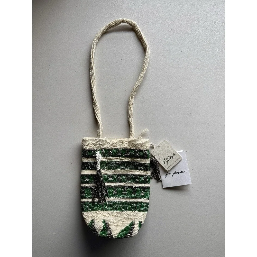 FREE PEOPLE Beaded Tassel Pouch NWT Green Ivory Drawstring Beaded Bag - Picture 5 of 13